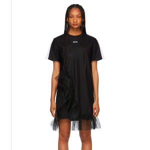MSGM Black Logo Cotton Tulle Ruffle Short Sleeve T-shirt Mini Dress, size M